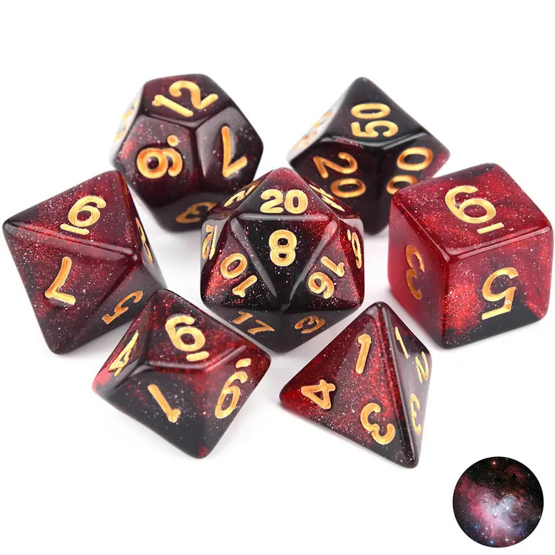 Polyhedral Dice set of 7 Starry Red Sky